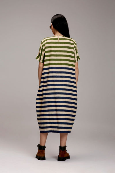 Egg-Shell Green & Blue Dual Striped Dress