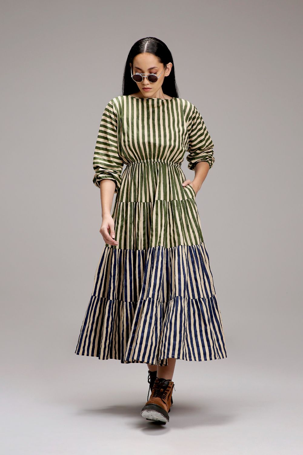Egg-Shell Green & Blue Striped Tiered Dress
