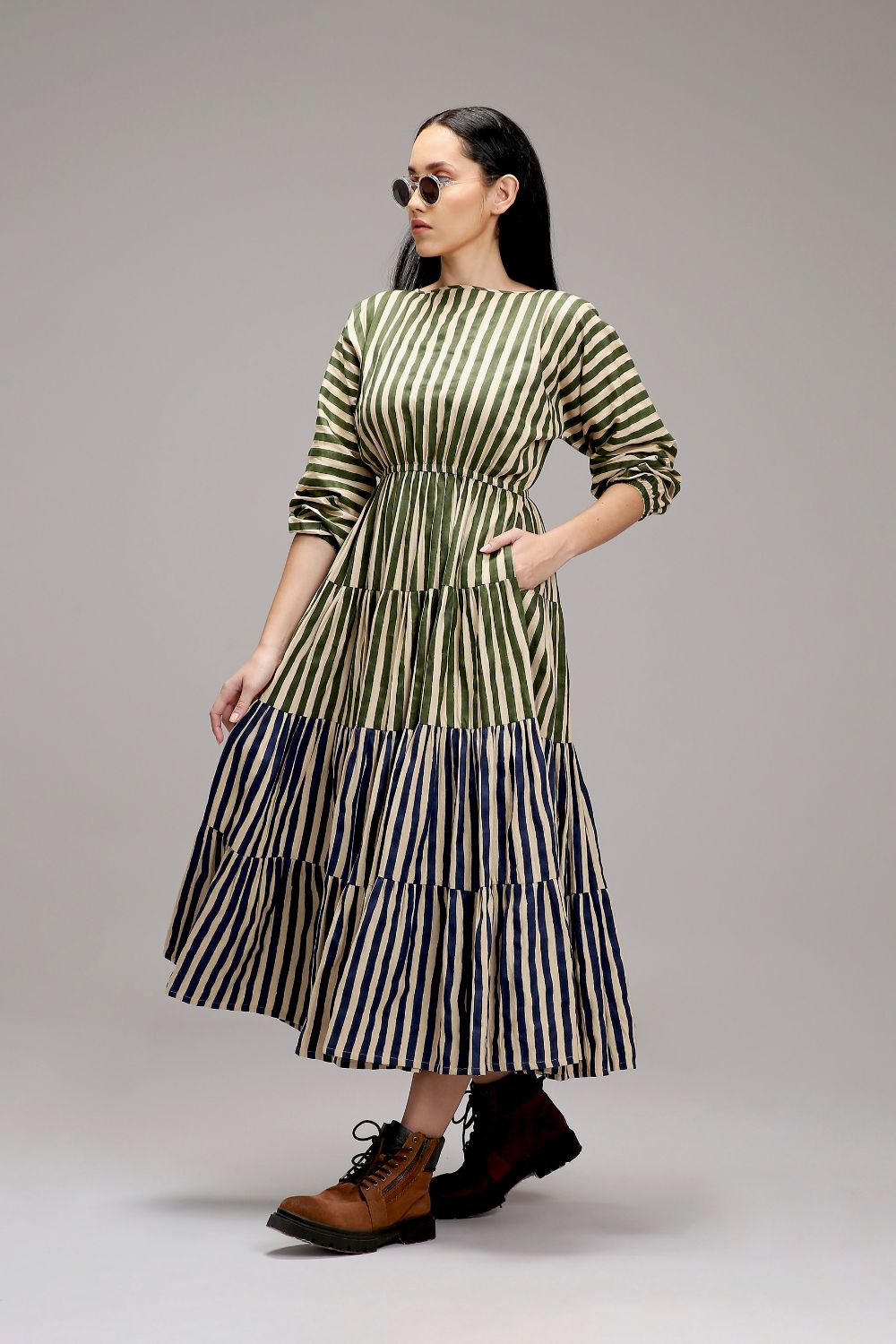 Egg-Shell Green & Blue Striped Tiered Dress