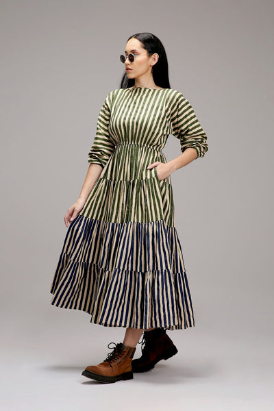 Egg-Shell Green & Blue Striped Tiered Dress