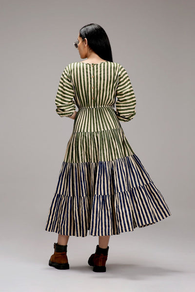 Egg-Shell Green & Blue Striped Tiered Dress