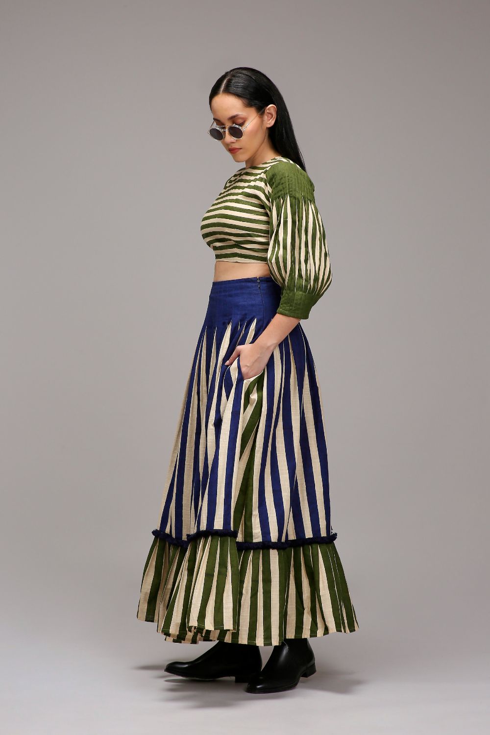 Egg-Shell Striped Crop Top & Skirt Set (2 PCS)
