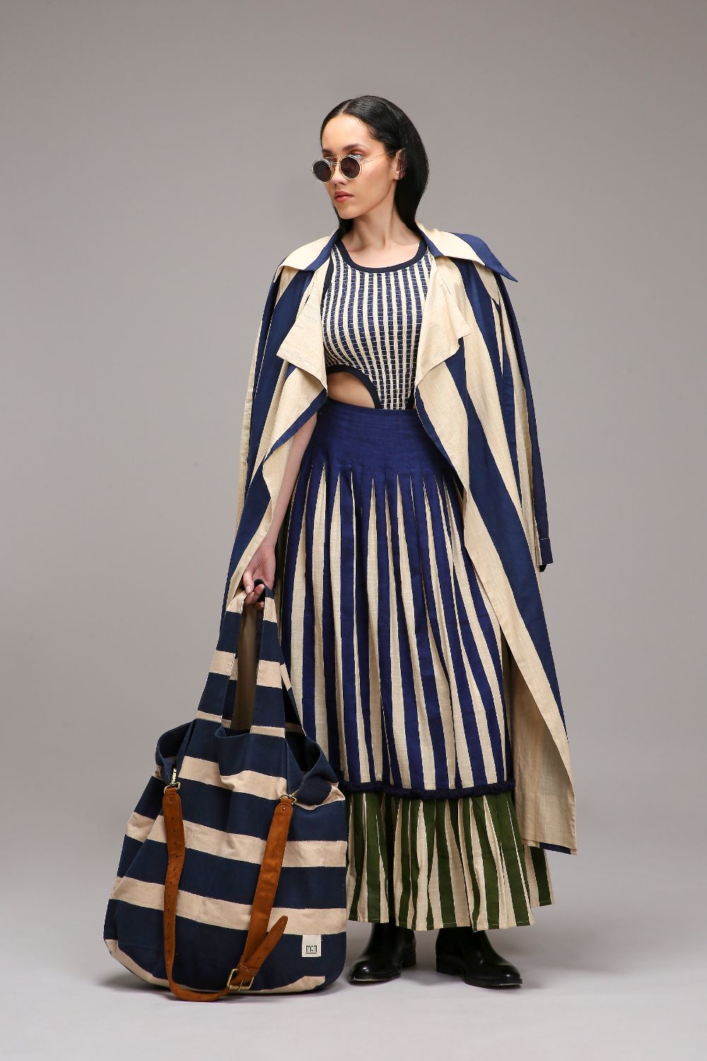 Egg-Shell Trench Bodysuit Dual Striped Skirt Set (3 PCS)