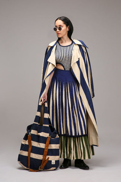 Egg-Shell Trench Bodysuit Dual Striped Skirt Set (3 PCS)