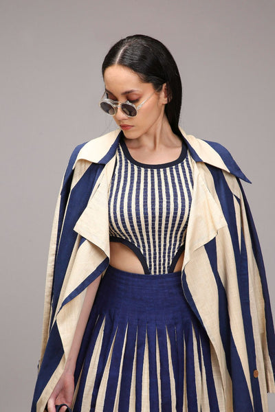 Egg-Shell Trench Bodysuit Dual Striped Skirt Set (3 PCS)