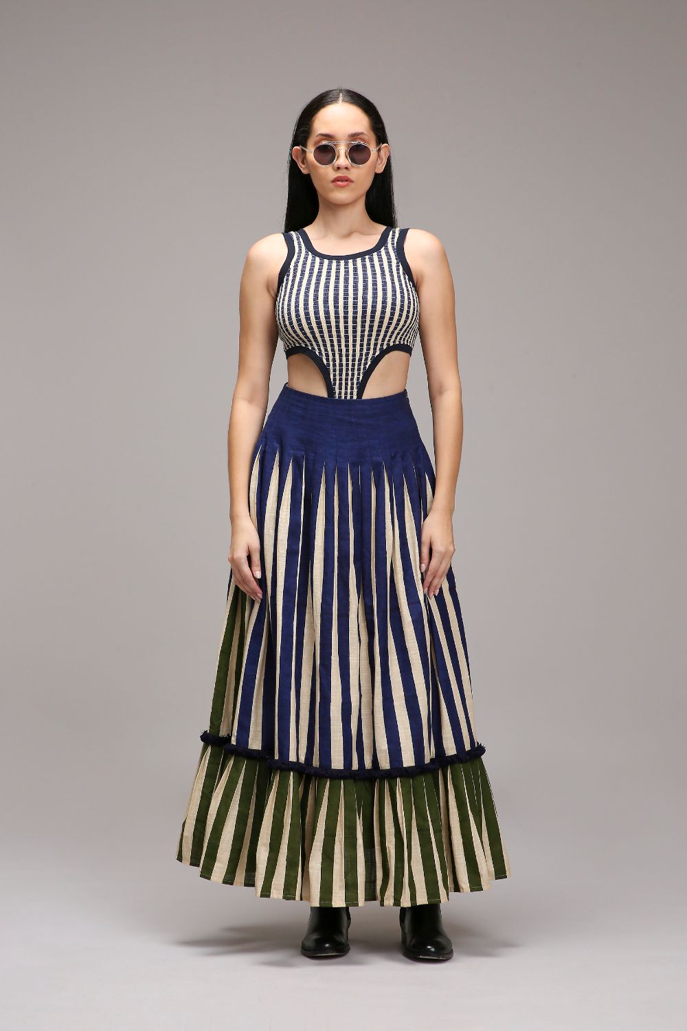 Egg-Shell Trench Bodysuit Dual Striped Skirt Set (3 PCS)