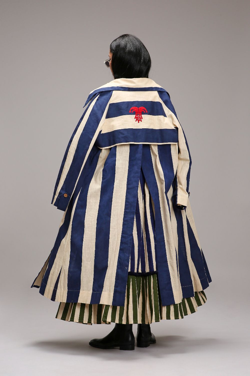 Egg-Shell Trench Bodysuit Dual Striped Skirt Set (3 PCS)