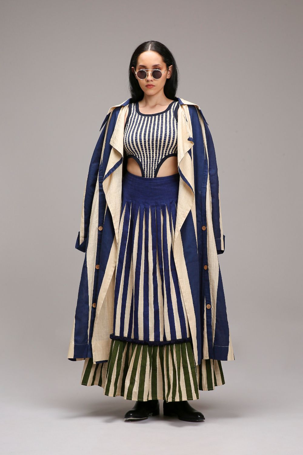 Egg-Shell Trench Bodysuit Dual Striped Skirt Set (3 PCS)