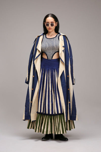 Egg-Shell Trench Bodysuit Dual Striped Skirt Set (3 PCS)