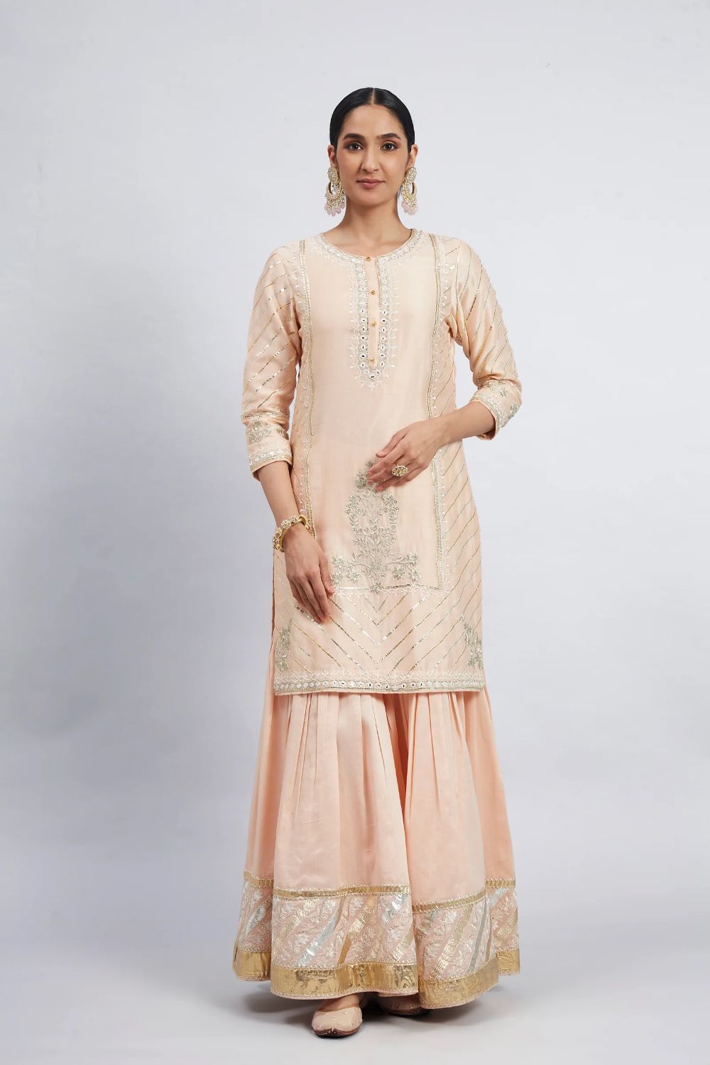 Eliza Kurta with garara and dupatta-Eliza - Peach Chanderi Silk Kurta and Garara Set with Organza dupatta