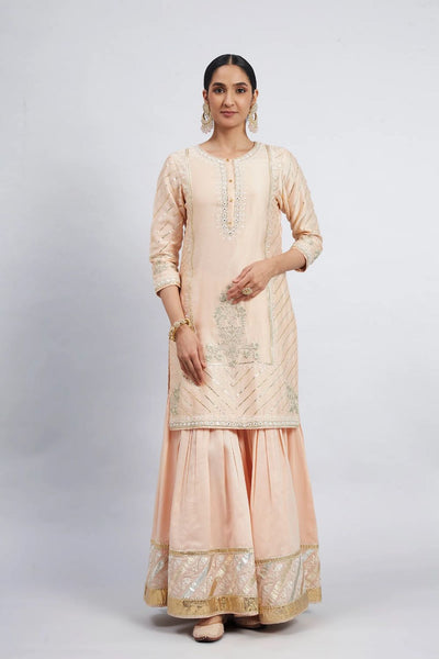 Eliza Kurta with garara and dupatta-Eliza - Peach Chanderi Silk Kurta and Garara Set with Organza dupatta