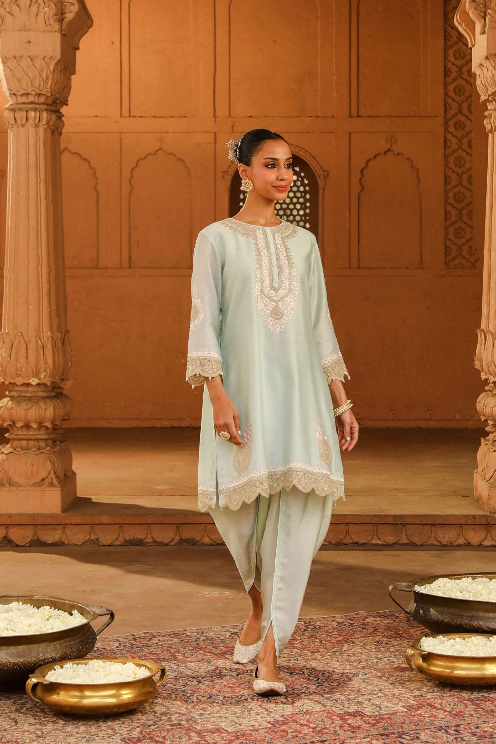 Ernika Short kurta with dhoti-Misty Green
