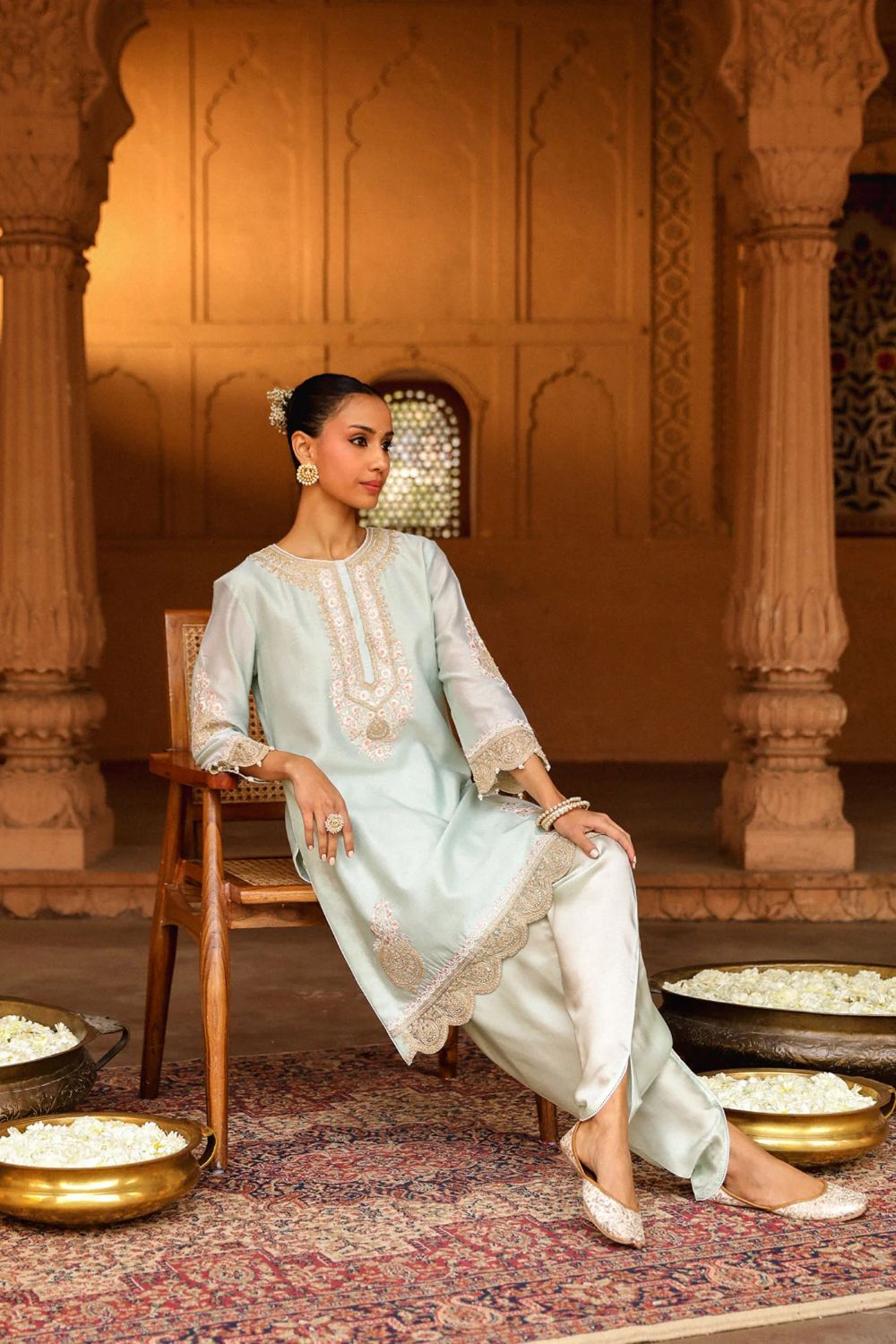 Ernika Short kurta with dhoti-Misty Green
