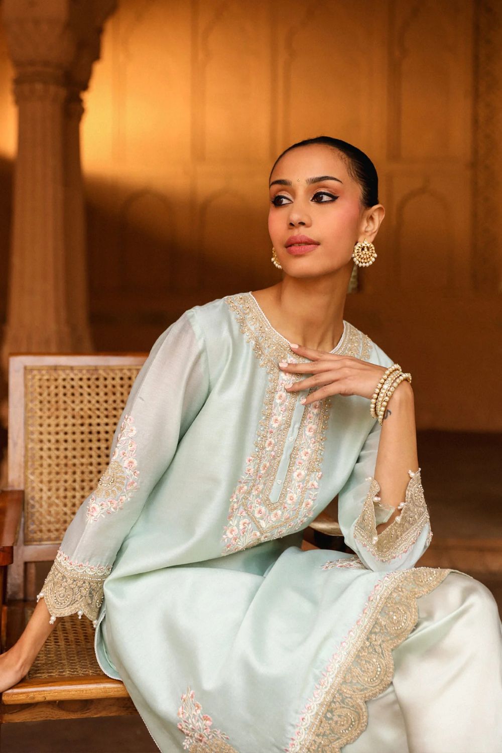Ernika Short kurta with dhoti-Misty Green
