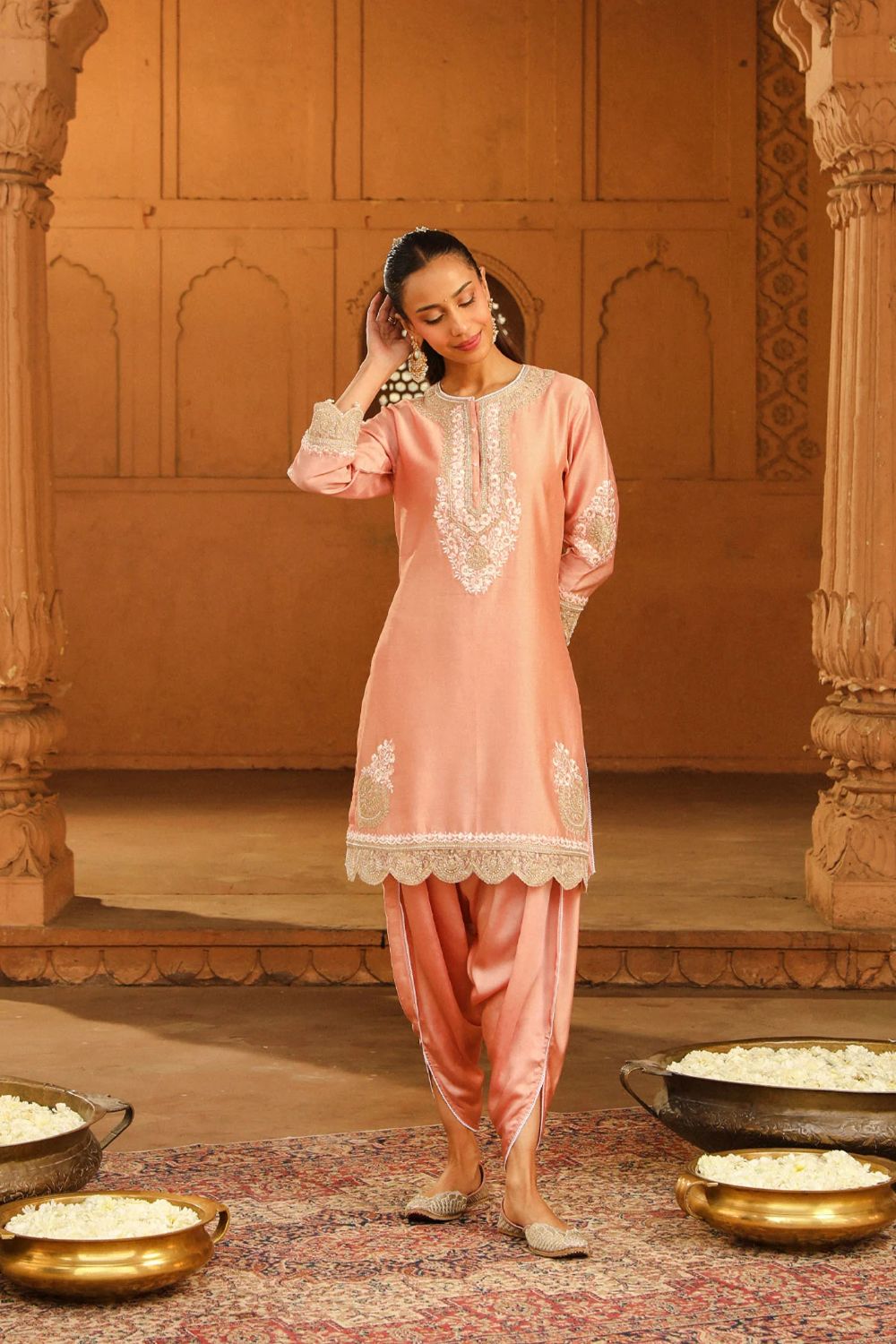 Ernika Short kurta with dhoti-Off-Rose