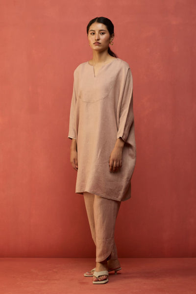 Etsu Yoke Linen Kurta Set - Dusty Rose
