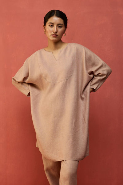 Etsu Yoke Linen Kurta - Dusty Rose