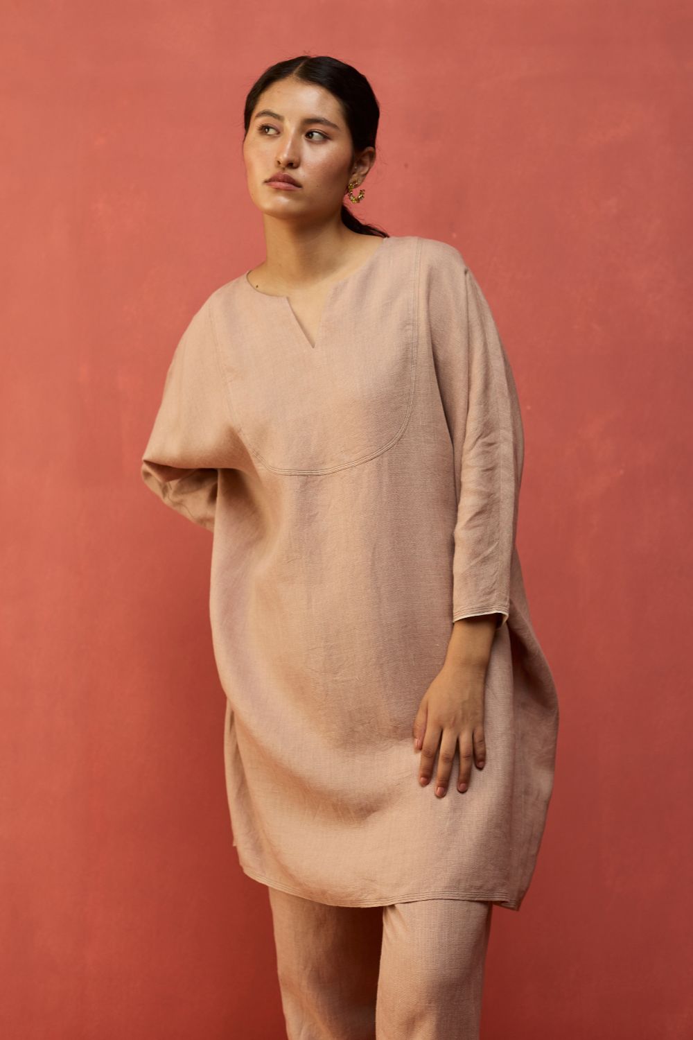 Etsu Yoke Linen Kurta - Dusty Rose