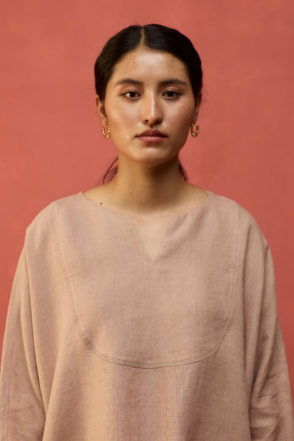 Etsu Yoke Linen Kurta Set - Dusty Rose