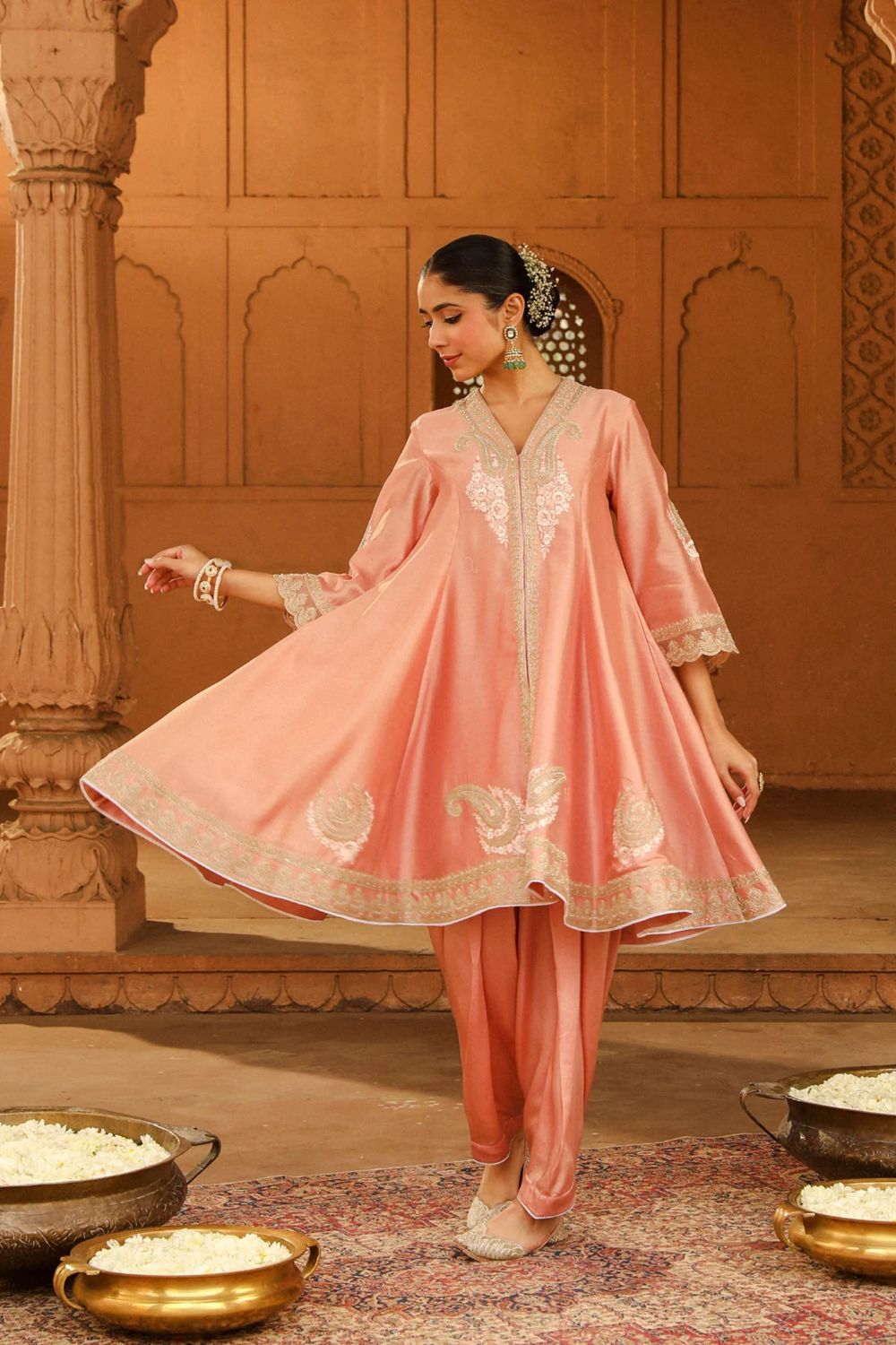 Fajr Short Anarkali with salwar and dupatta-Off-Rose