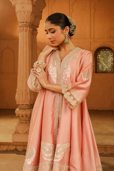 Fajr Short Anarkali with salwar and dupatta-Off-Rose