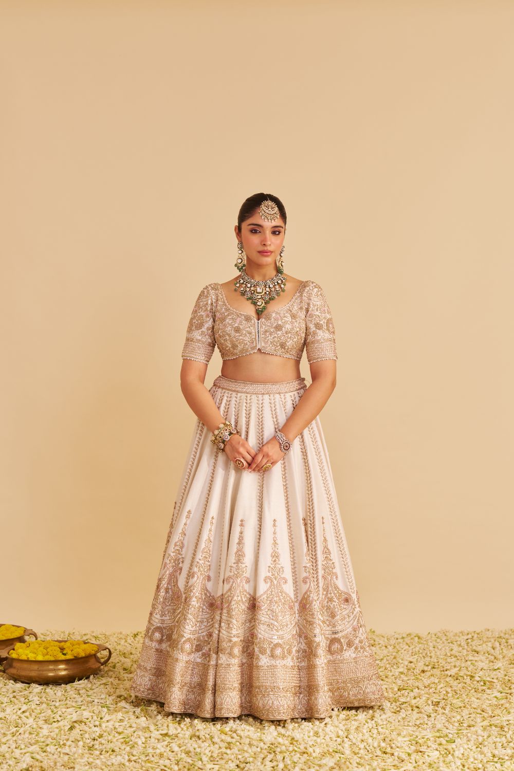 Farah - Dabka Zardozi Embroidered Pure Silk Daisy Ivory Lehenga Set