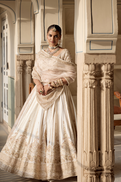 Farah - Dabka Zardozi Embroidered Pure Silk Daisy Ivory Lehenga Set