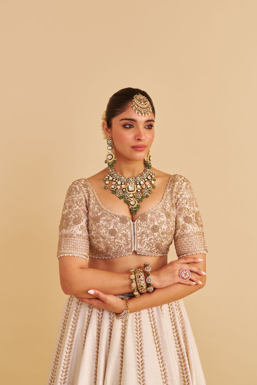 Farah - Dabka Zardozi Embroidered Pure Silk Daisy Ivory Lehenga Set