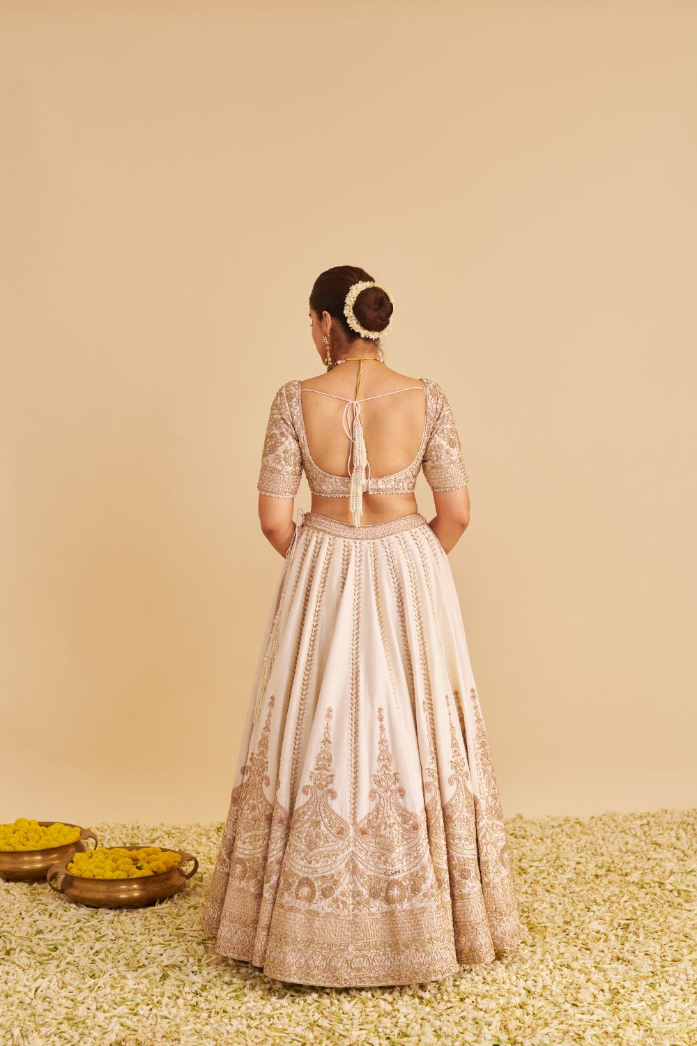 Farah - Dabka Zardozi Embroidered Pure Silk Daisy Ivory Lehenga Set