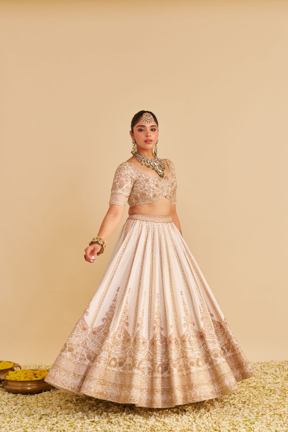 Farah - Dabka Zardozi Embroidered Pure Silk Daisy Ivory Lehenga Set