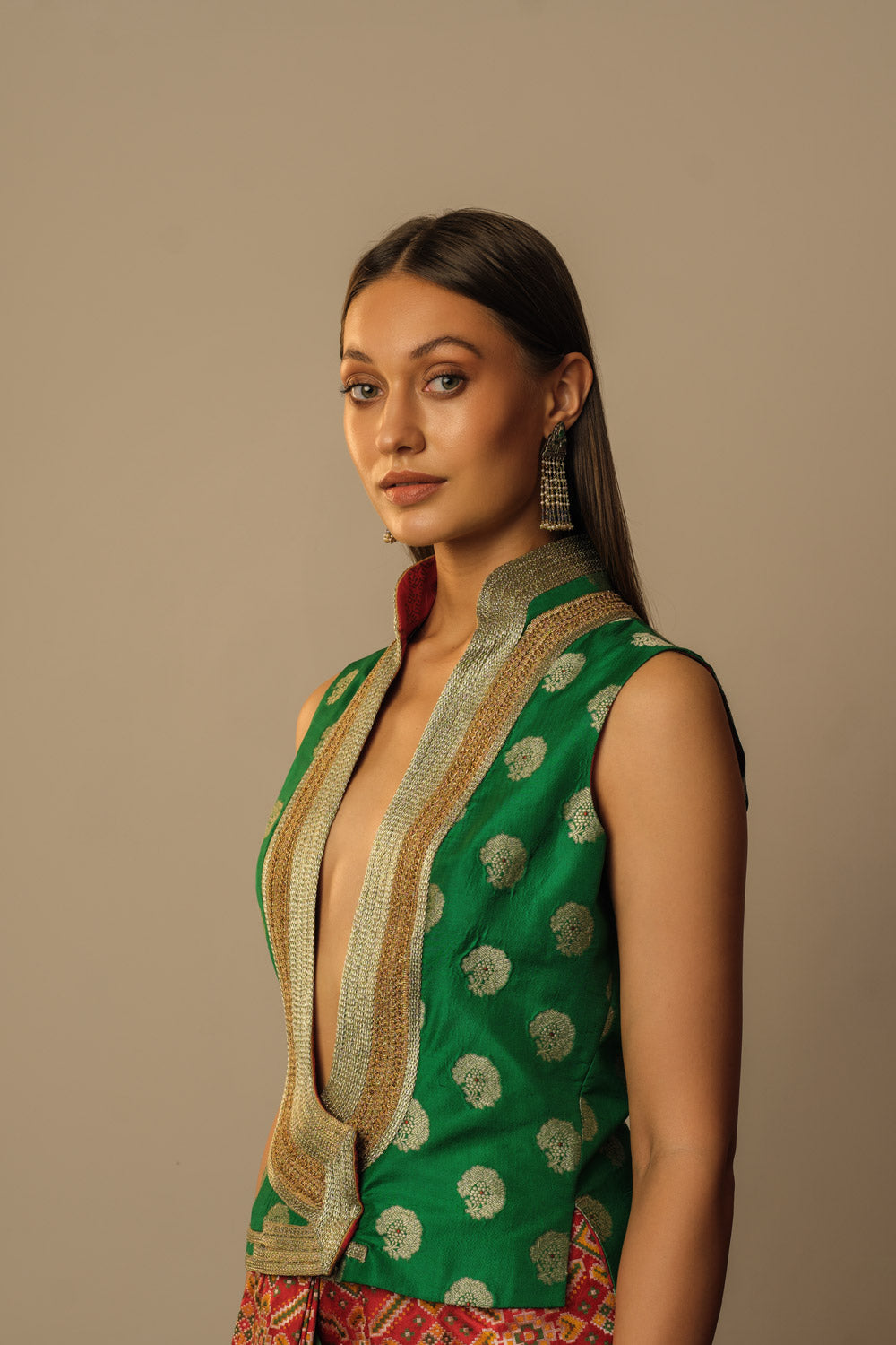 Fatuhi zari waistcoat blouse emerald green