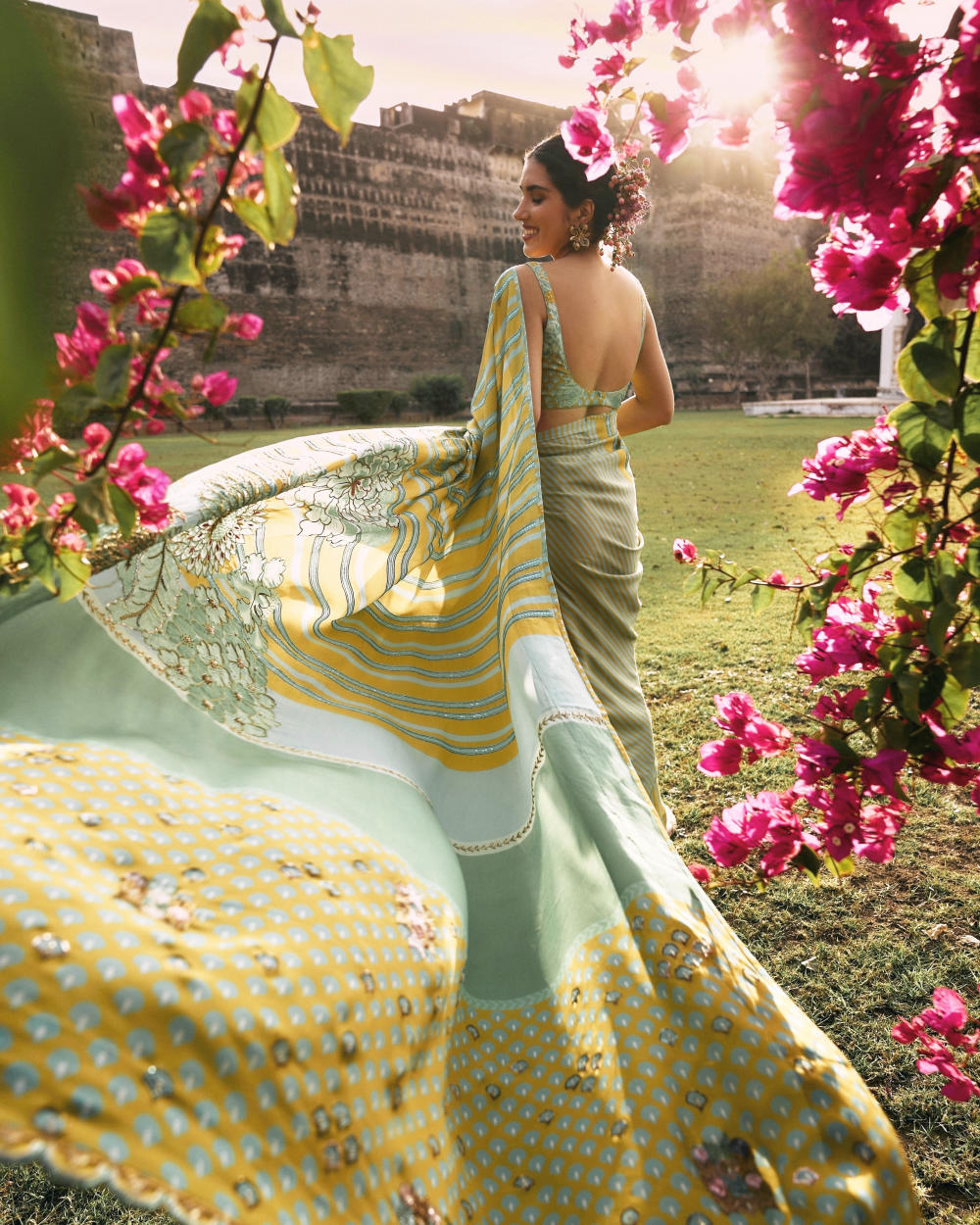 GUL SAGE GREEN PRINTED STRIPE CREPE SARI