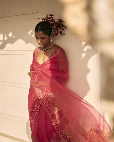 GUL FUSHIA ROSE PINK FLORAL PRINTED ORGANZA SARI