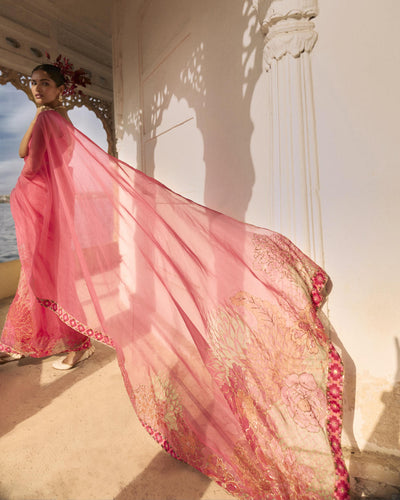 GUL FUSHIA ROSE PINK FLORAL PRINTED ORGANZA SARI