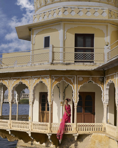GUL FUSHIA ROSE PINK FLORAL PRINTED ORGANZA SARI