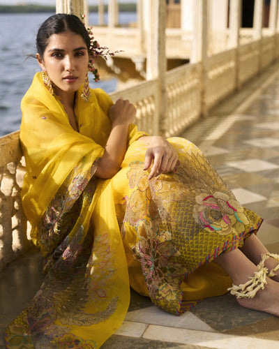 GUL YELLOW FLORAL ORGANZA SARI