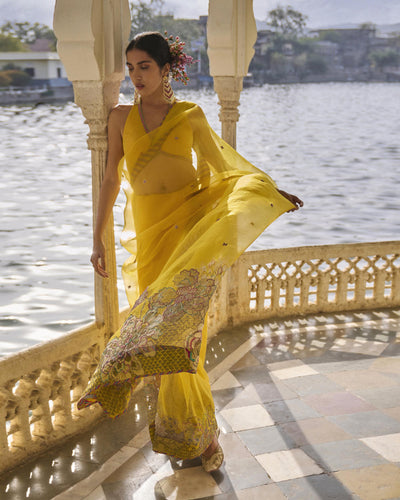 GUL YELLOW FLORAL ORGANZA SARI
