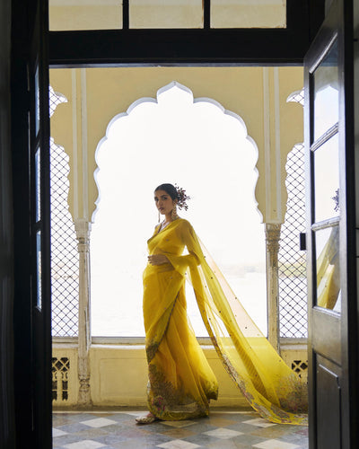 GUL YELLOW FLORAL ORGANZA SARI