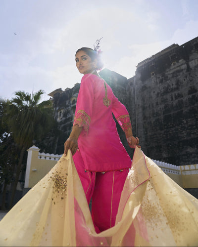 GUL HOT PINK SILK SHARARA SET