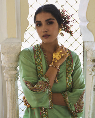 GUL SAGE GREEN SIDE KALI SILK KURTA SET