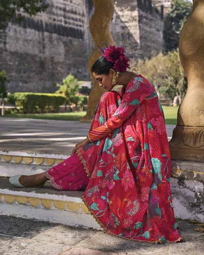 GUL JESTER RED PRINTED CREPE SHORT YOKE ANARKALI SET