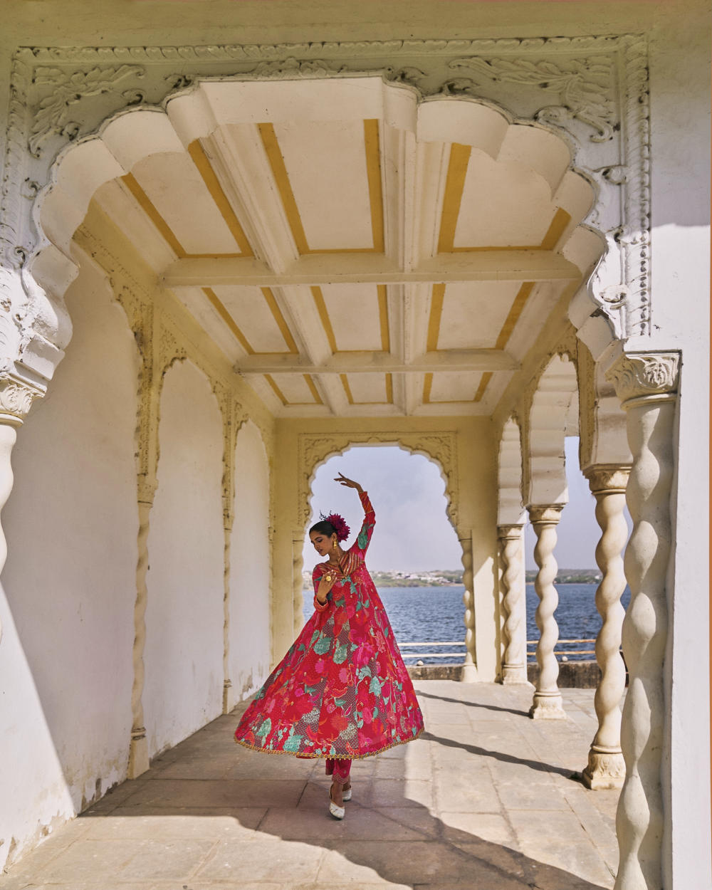 GUL JESTER RED PRINTED CREPE SHORT YOKE ANARKALI SET