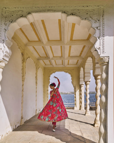 GUL JESTER RED PRINTED CREPE SHORT YOKE ANARKALI SET