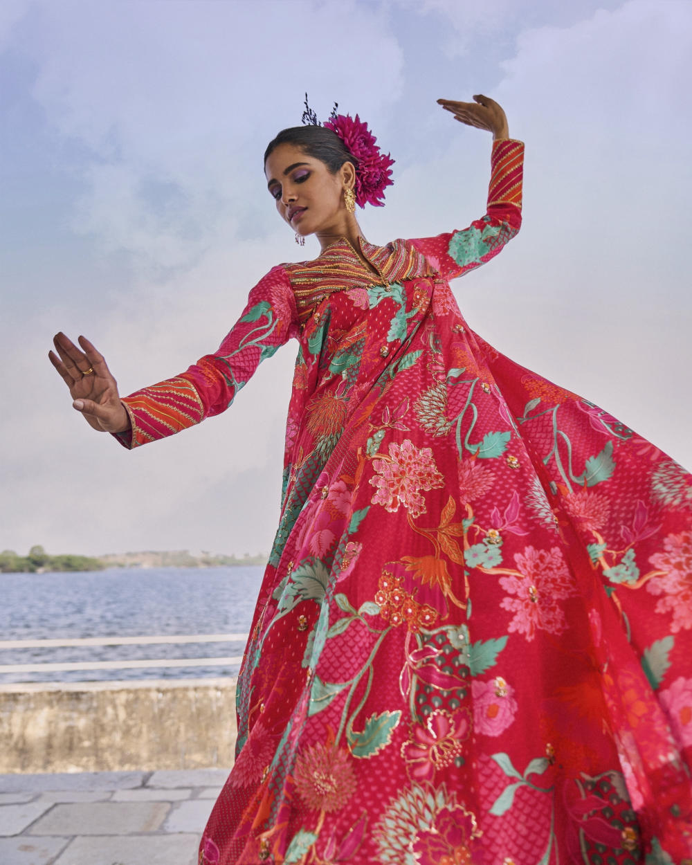 GUL JESTER RED PRINTED CREPE SHORT YOKE ANARKALI SET