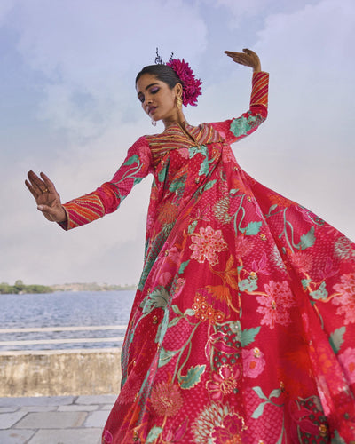GUL JESTER RED PRINTED CREPE SHORT YOKE ANARKALI SET