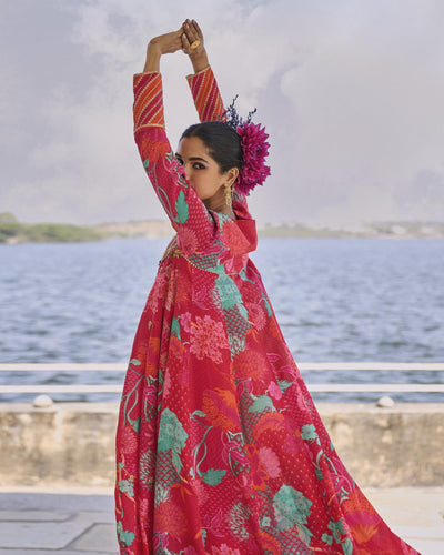 GUL JESTER RED PRINTED CREPE SHORT YOKE ANARKALI SET