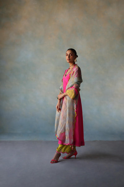 GUL HOT PINK BELL SLEEVE SILK KURTA SET