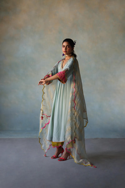 GUL ICE BLUE BELL SLEEVE SILK KURTA SET