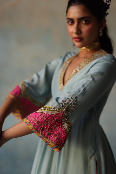 GUL ICE BLUE BELL SLEEVE SILK KURTA SET