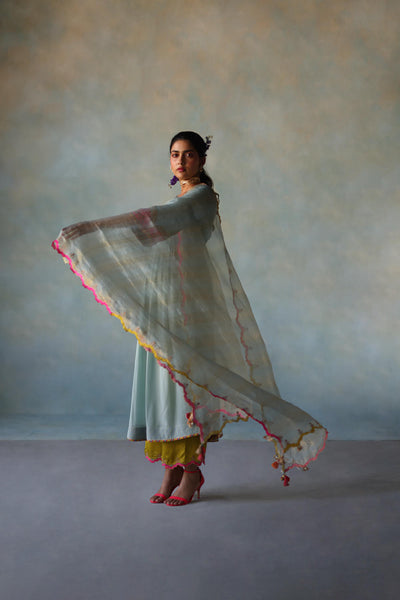 GUL ICE BLUE BELL SLEEVE SILK KURTA SET
